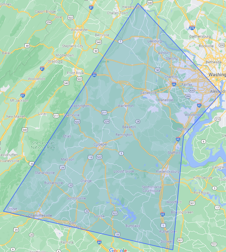 Map of areas served in Central and Northern Virginia